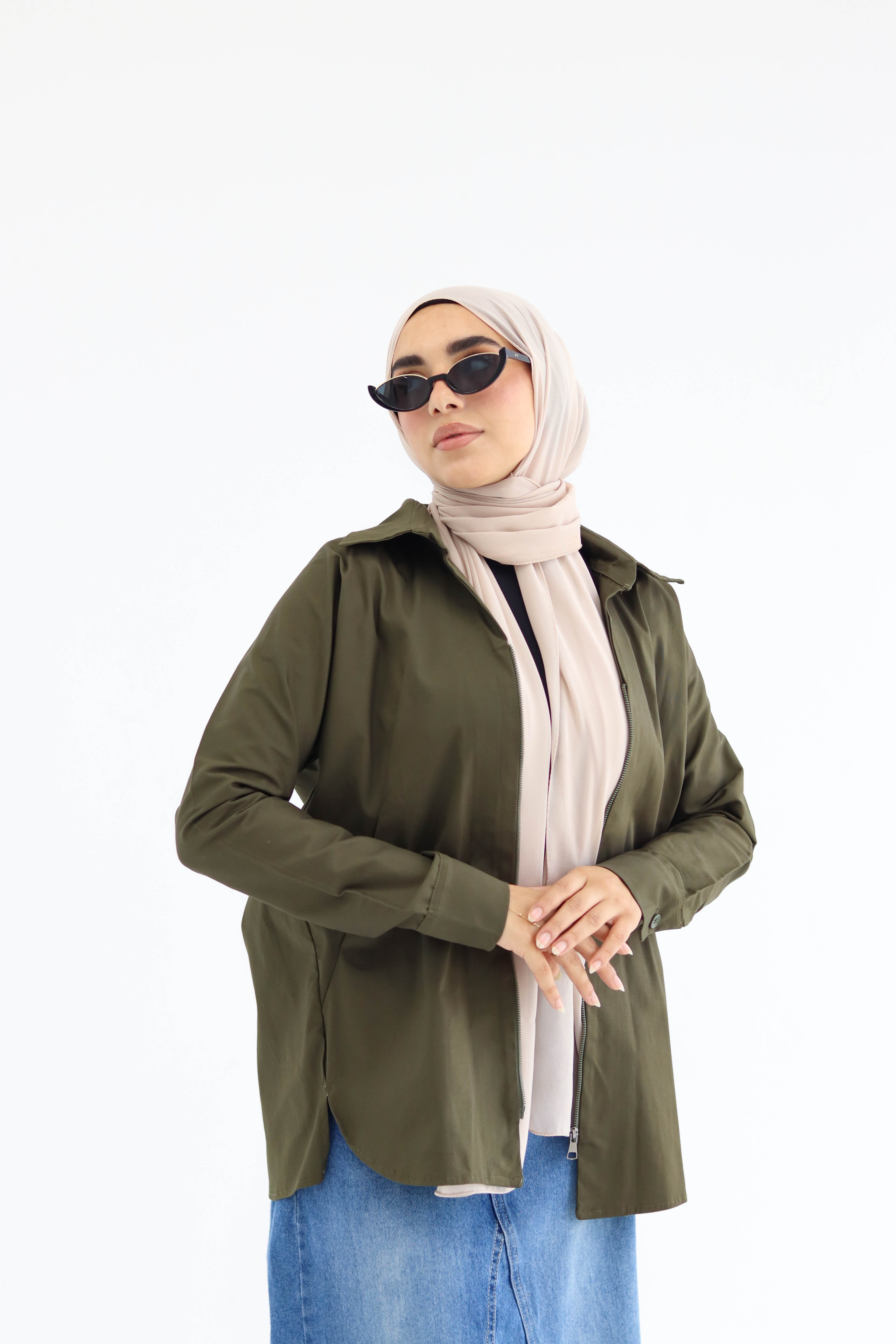 Short Zippered Gabardine Jacket