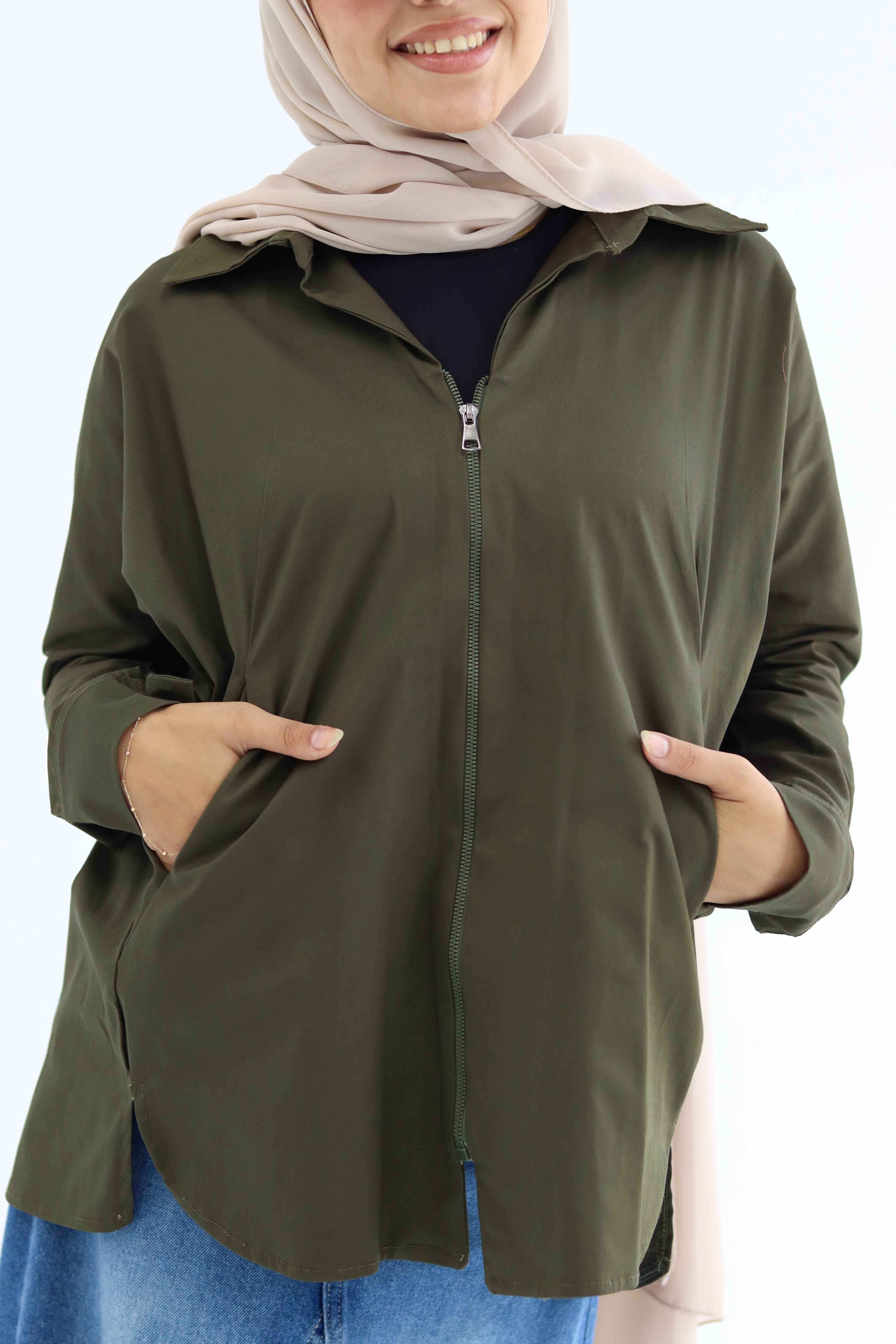 Short Zippered Gabardine Jacket